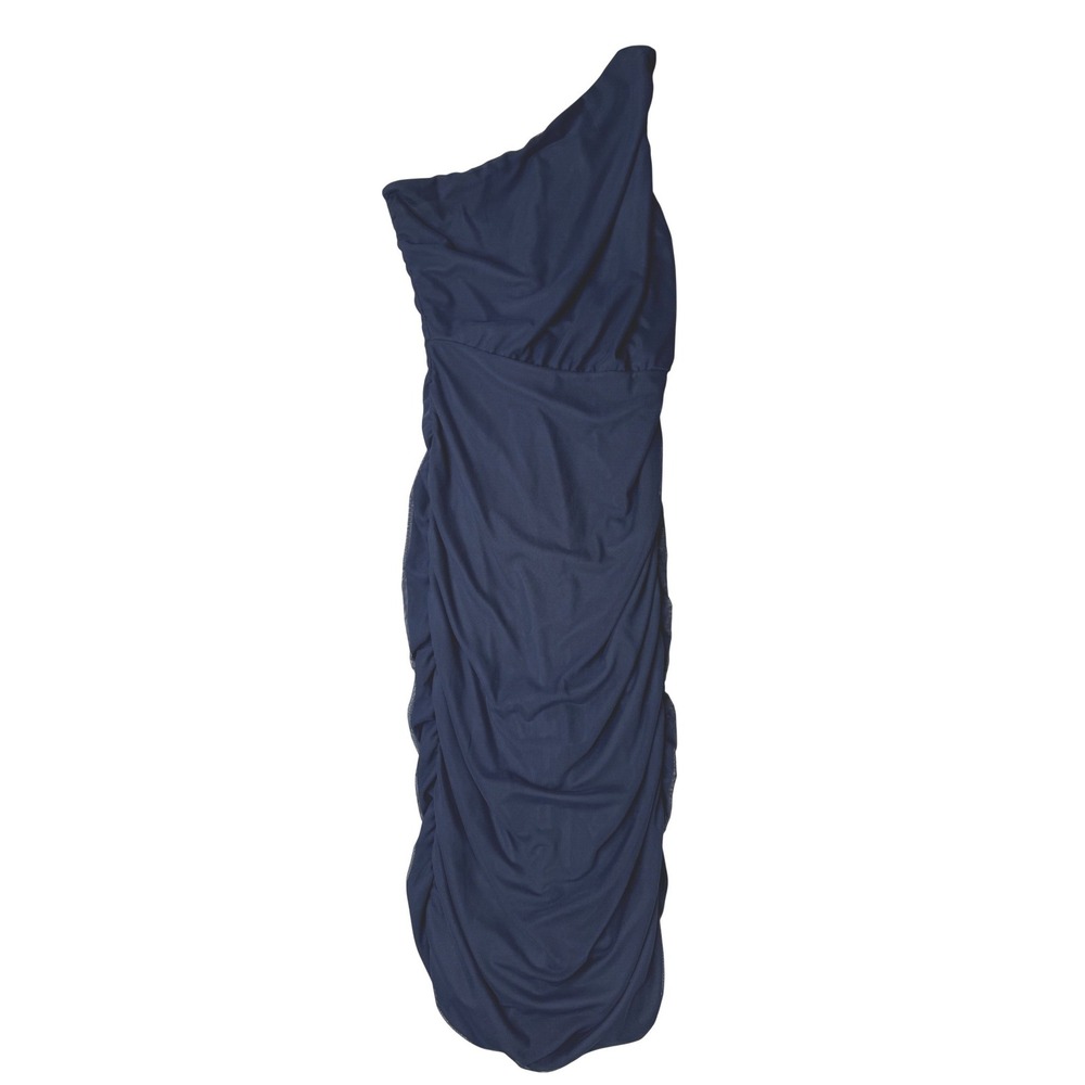Love X Design Navy Blue One Shoulder Ruched Mesh Midi Dress Large